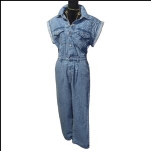 Blank NYC Light Wash Cuffed Dolman Sleeve Snap Button Denim Jumpsuit